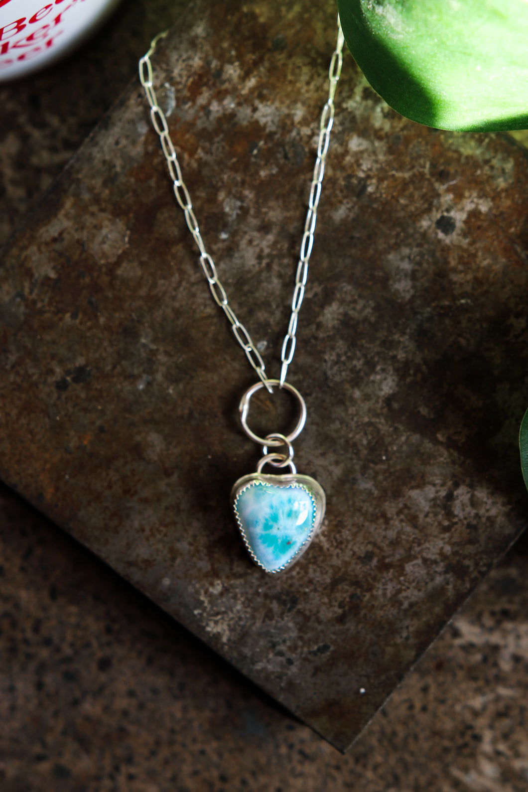 Larimar Heart Necklace with Lariat Hoop .925 Sterling Silver