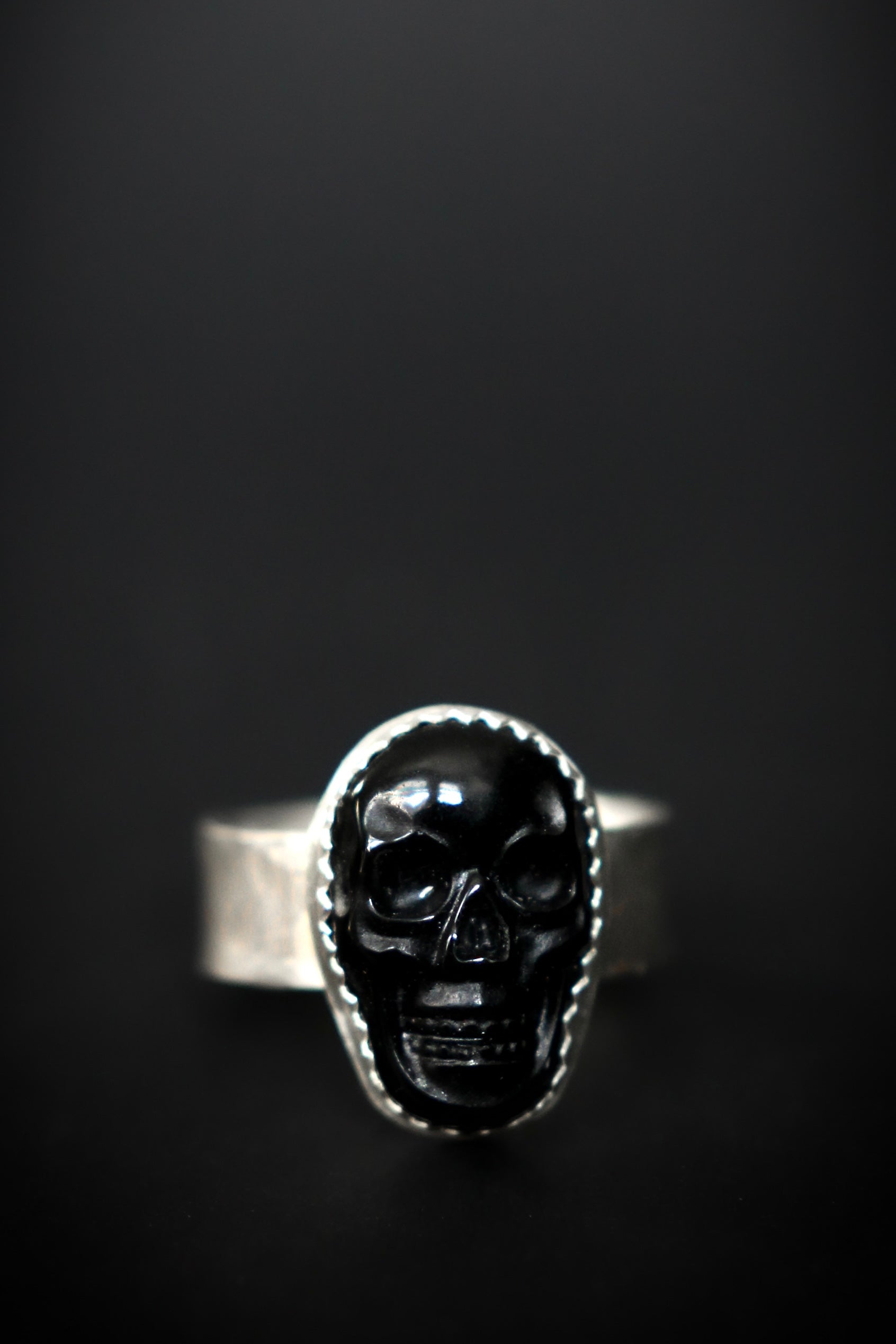 Sterling Silver Obsidian Skull Ring Thick Hammered Band - Made to Size