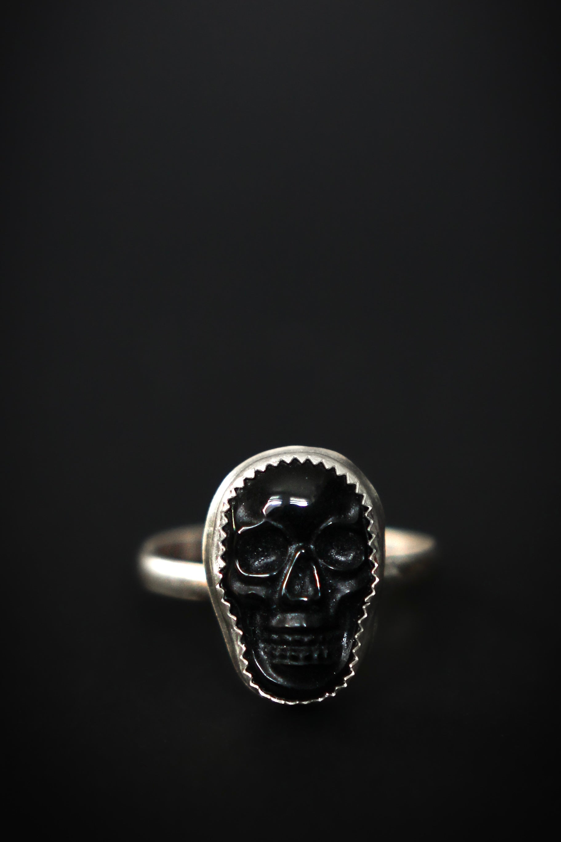 Sterling Silver Obsidian Skull Ring Standard Band - Made to Size