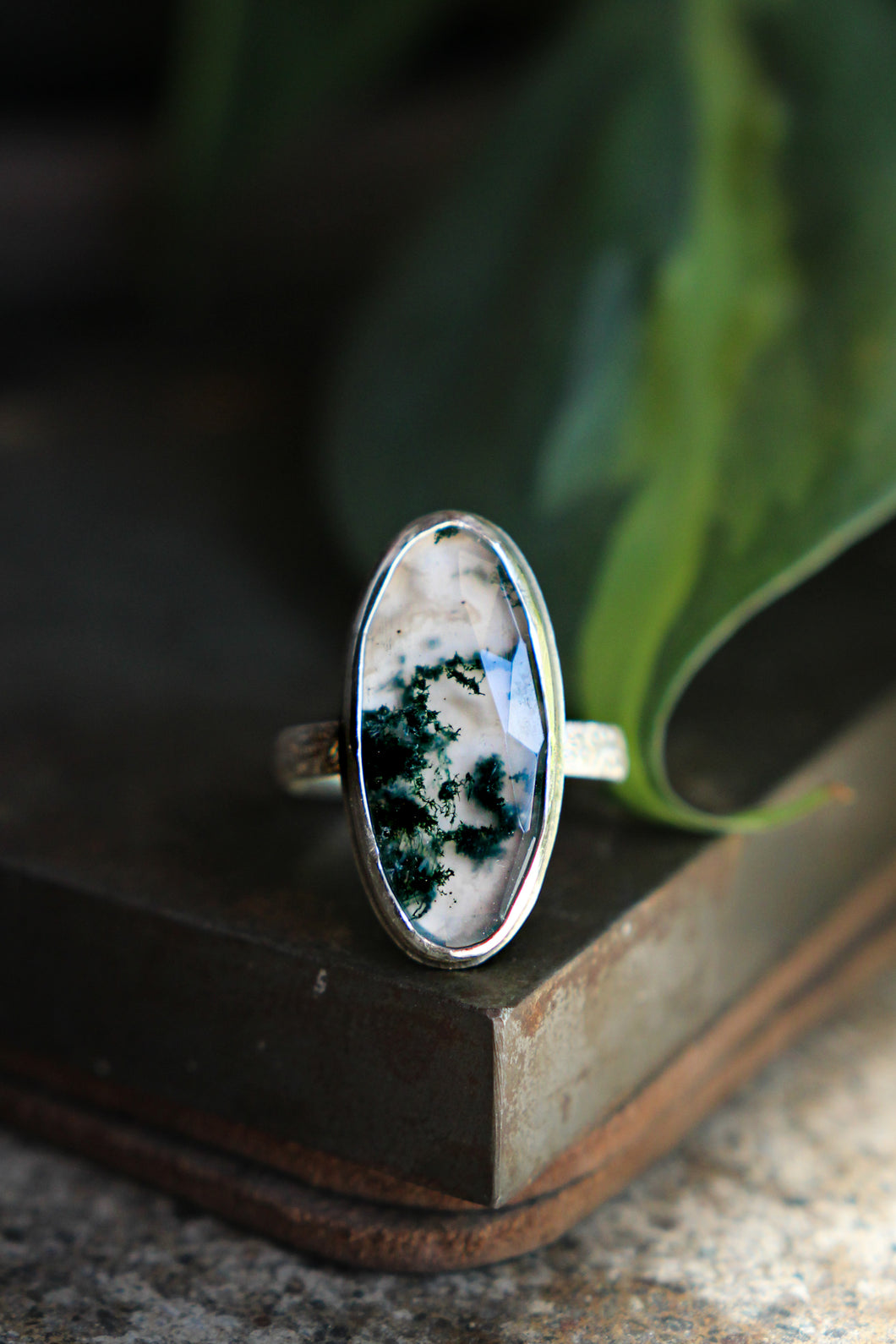 Sterling Silver Moss Agate Ring Size 11.5 | Made by Jady