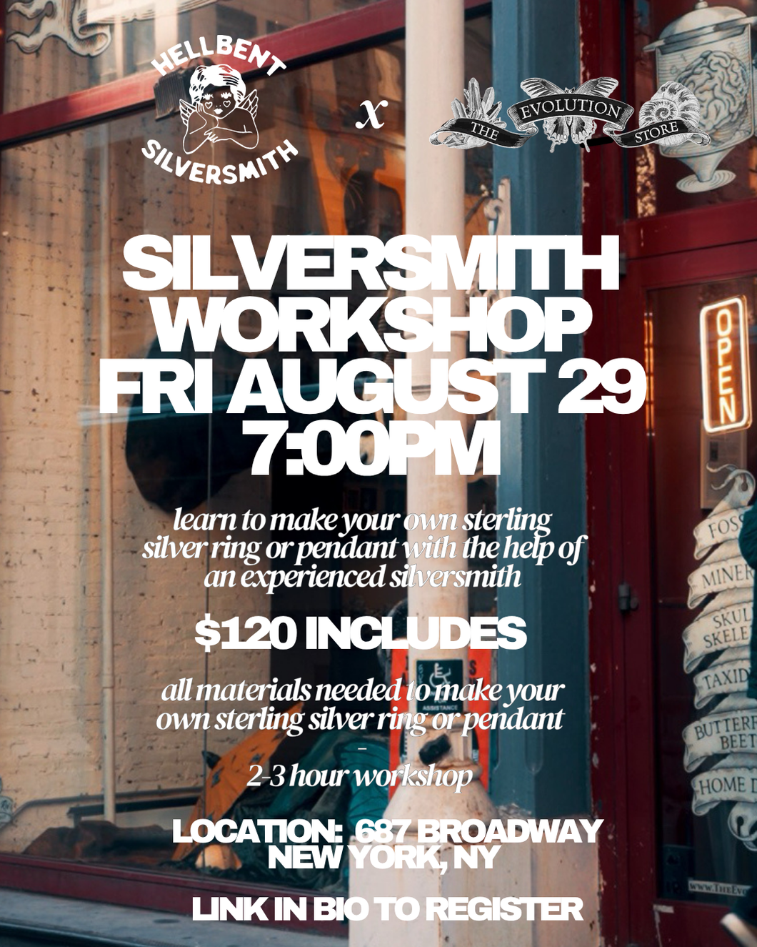 Silversmith Workshop at The Evolution Store New York Friday, August 29th 7pm (Deposit Only- $120 Total)