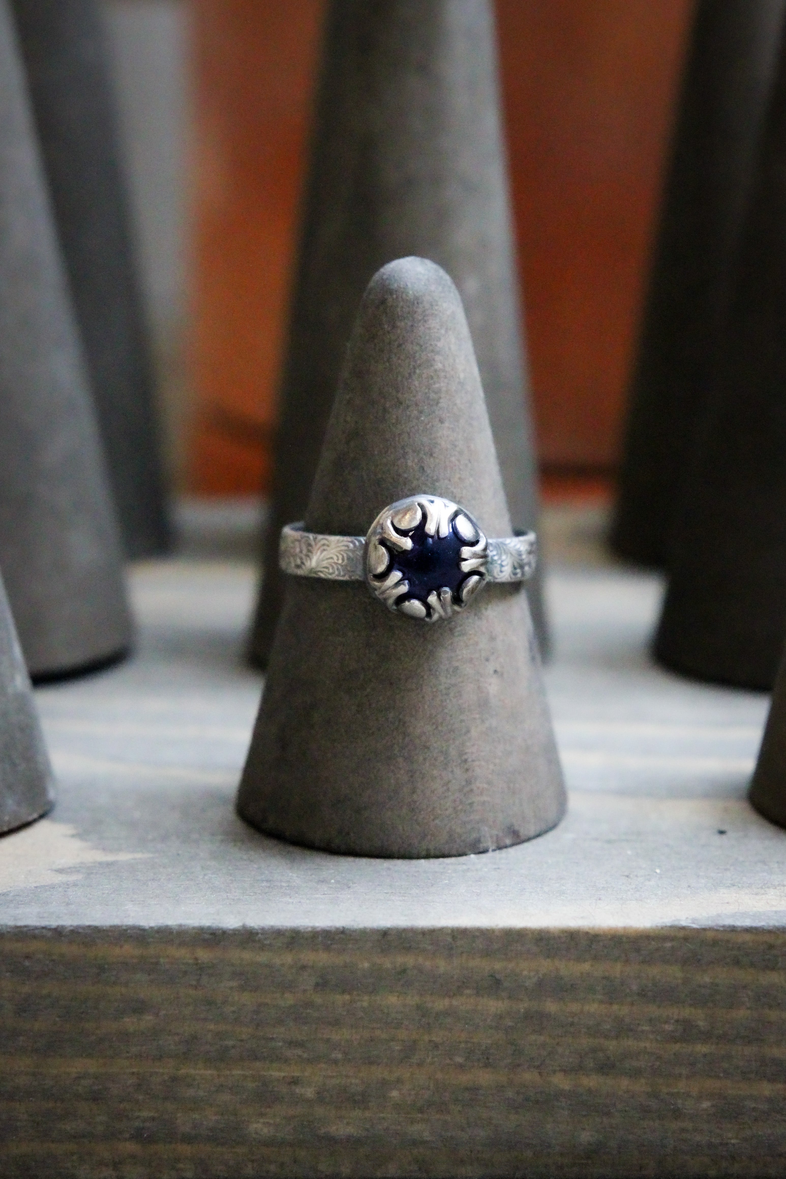 Amethyst with Fancy Bezel Embroidery Patina Band Sterling Silver Ring Size 8 | Made by Ani