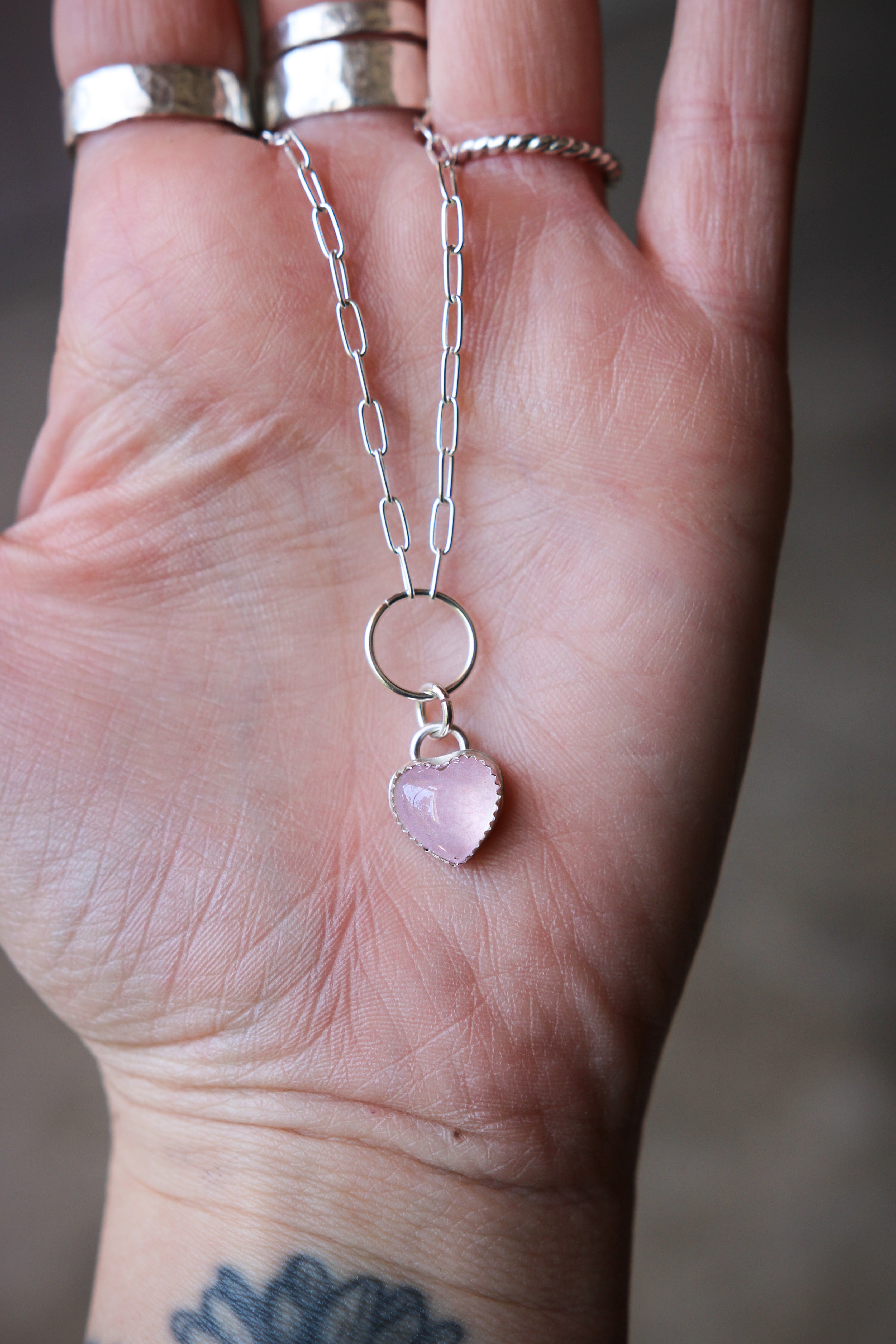 Rose Quartz Heart Necklace - Sterling Silver